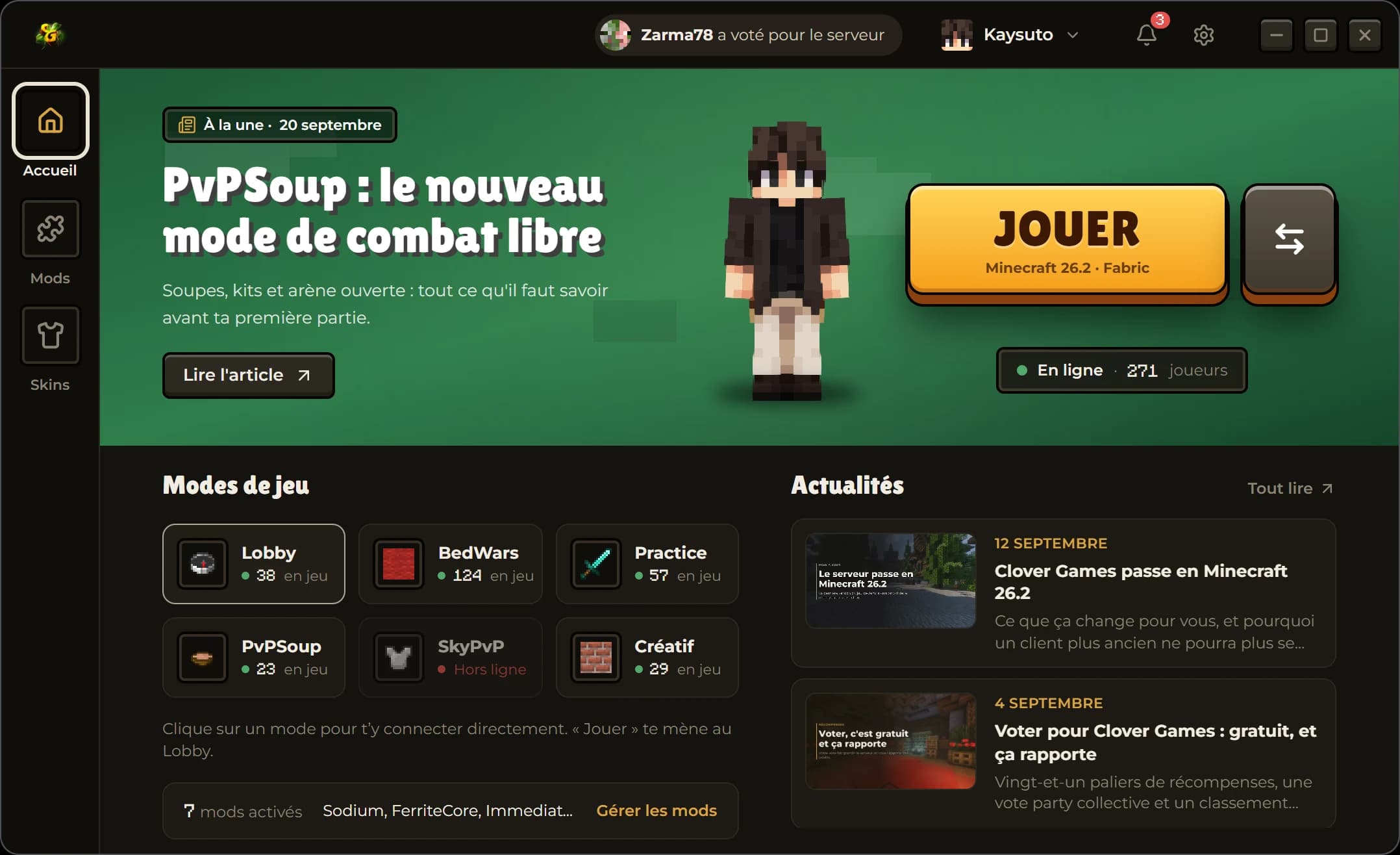Accueil du Clover Launcher : article à la une, bouton Jouer, modes de jeu avec leurs joueurs connectés et actualités du site.